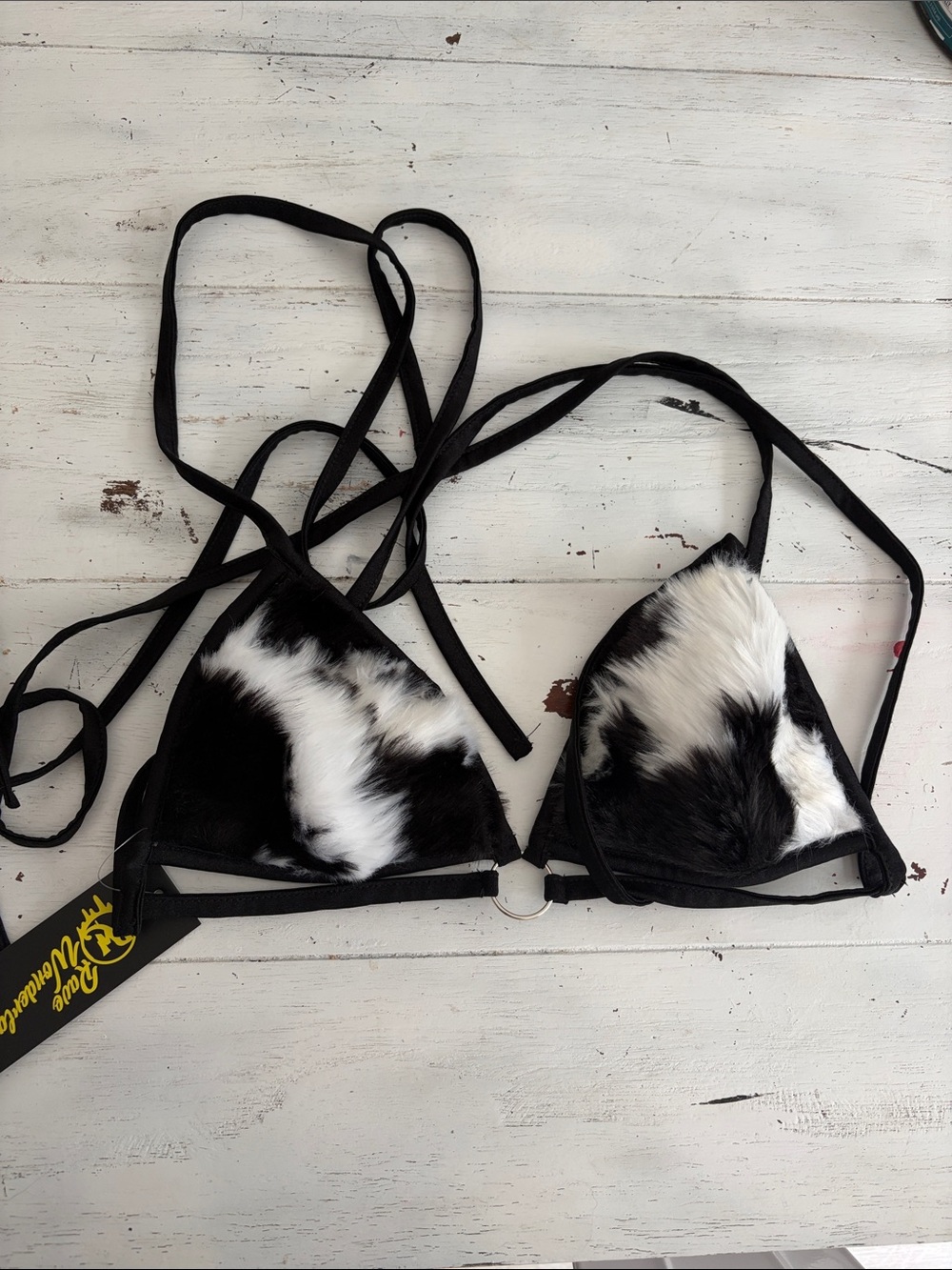 Rave wonderland fuzzy bikini top small new with tags black white rare and